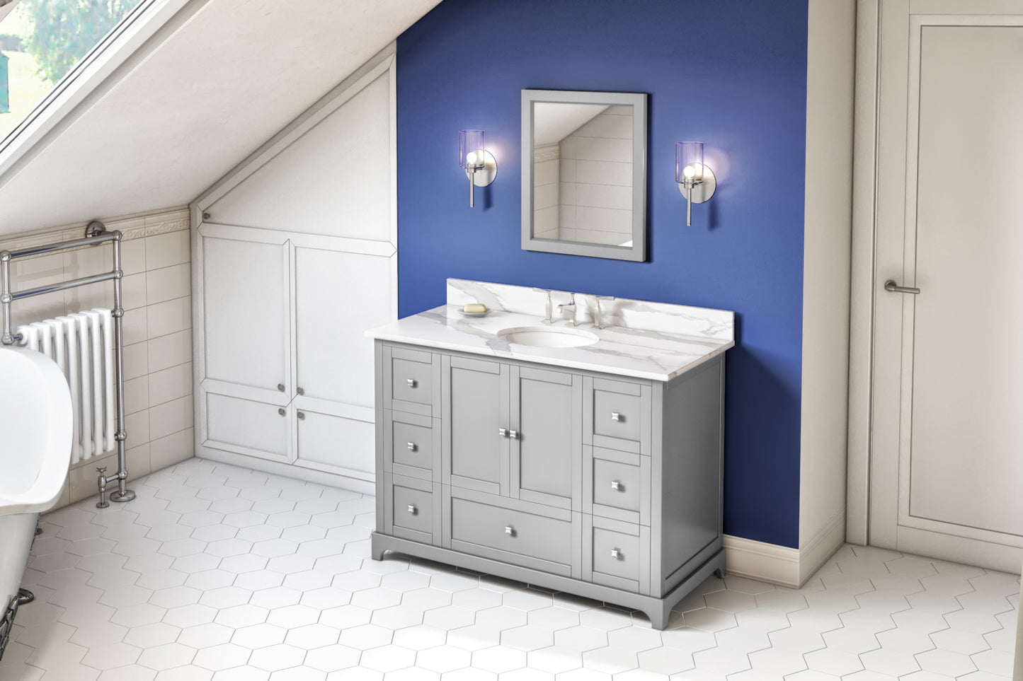 JEFFREY ALEXANDER VKITADD48GRCQO 48" Grey Addington Vanity, Calacatta Vienna Quartz Vanity Top, undermount oval bowl