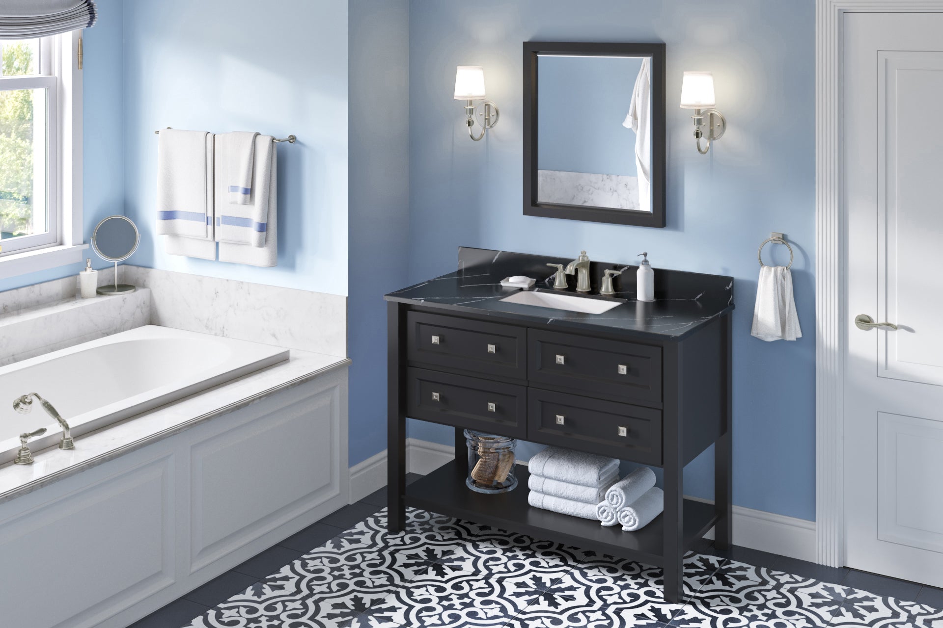 JEFFREY ALEXANDER VKITADL48BKBQR 48" Black Adler Vanity, Calacatta Black Quartz Vanity Top, undermount rectangle bowl