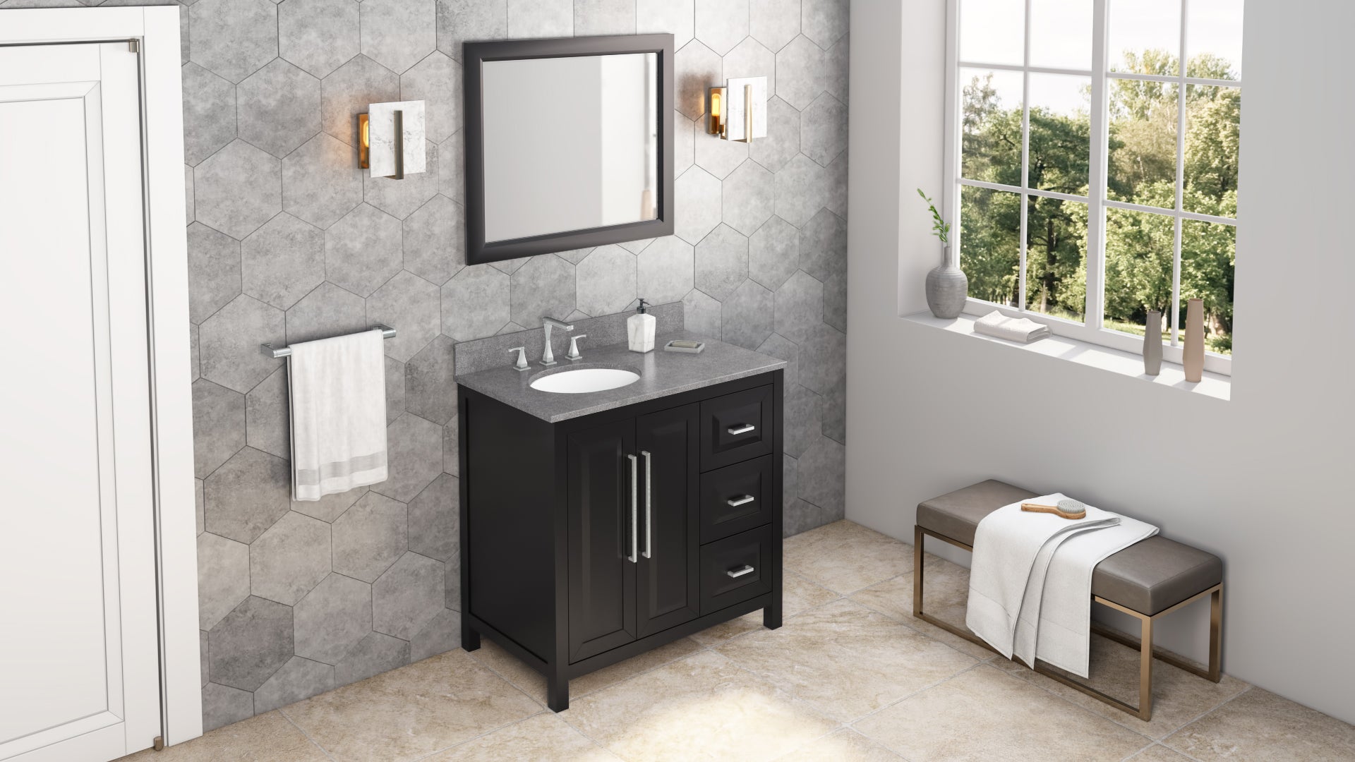 JEFFREY ALEXANDER VKITCAD36BKSGO 36" Black Cade Vanity, left offset, Steel Grey Cultured Marble Vanity Top, undermount oval bowl