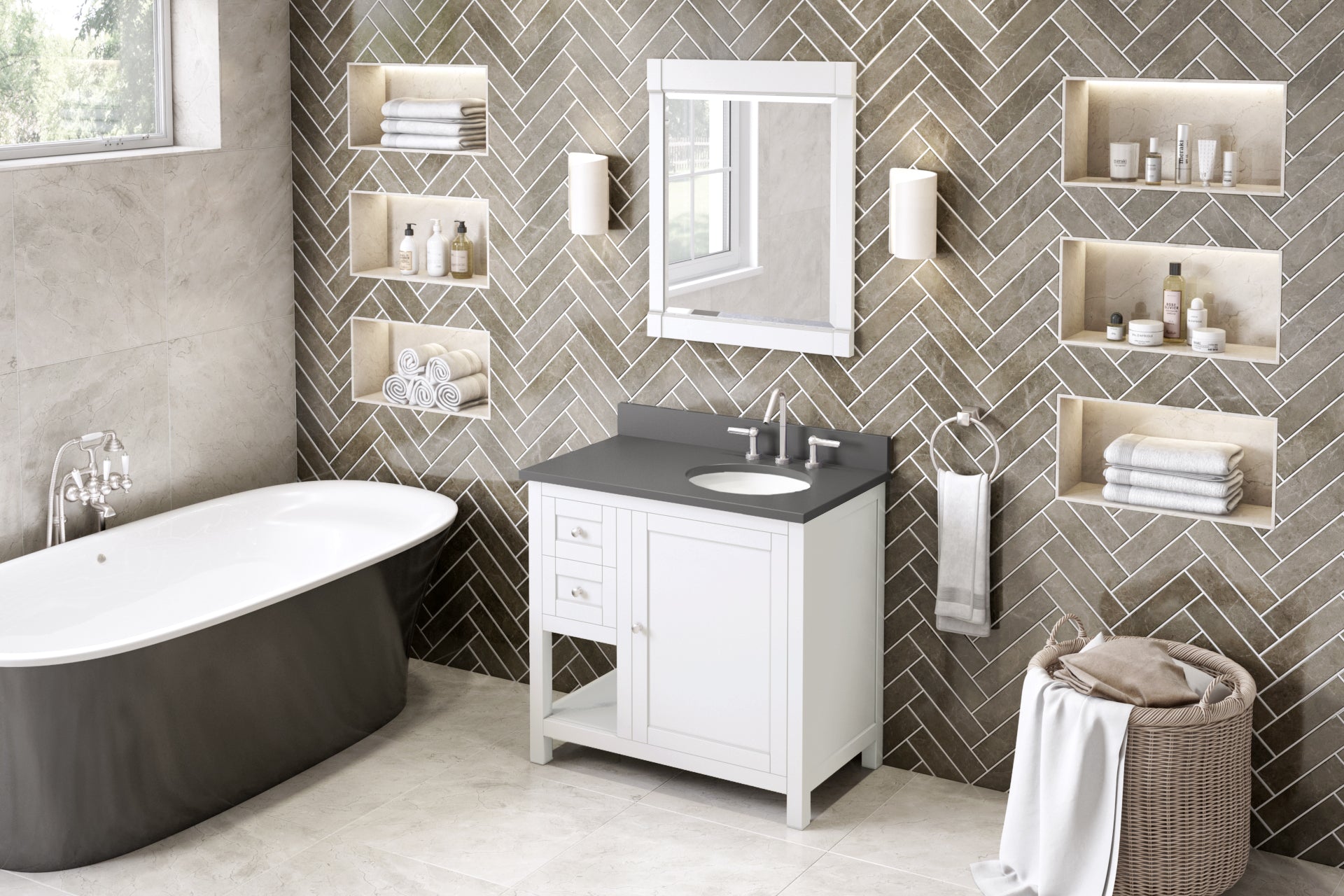 JEFFREY ALEXANDER VKITAST36WHGQO 36" White Astoria Vanity, right offset, Grey Quartz Vanity Top, undermount oval bowl