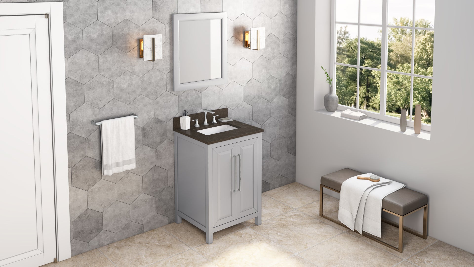 JEFFREY ALEXANDER VKITCAD24GRLSR 24" Grey Cade Vanity, Blue Limestone Vanity Top, undermount rectangle bowl