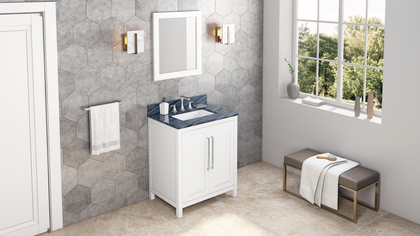 JEFFREY ALEXANDER VKITCAD30WHMGR 30" White Cade Vanity, Grey Marble Vanity Top, undermount rectangle bowl