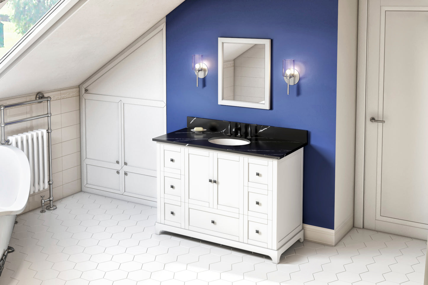 JEFFREY ALEXANDER VKITADD48WHBQO 48" White Addington Vanity, Calacatta Black Quartz Vanity Top, undermount oval bowl