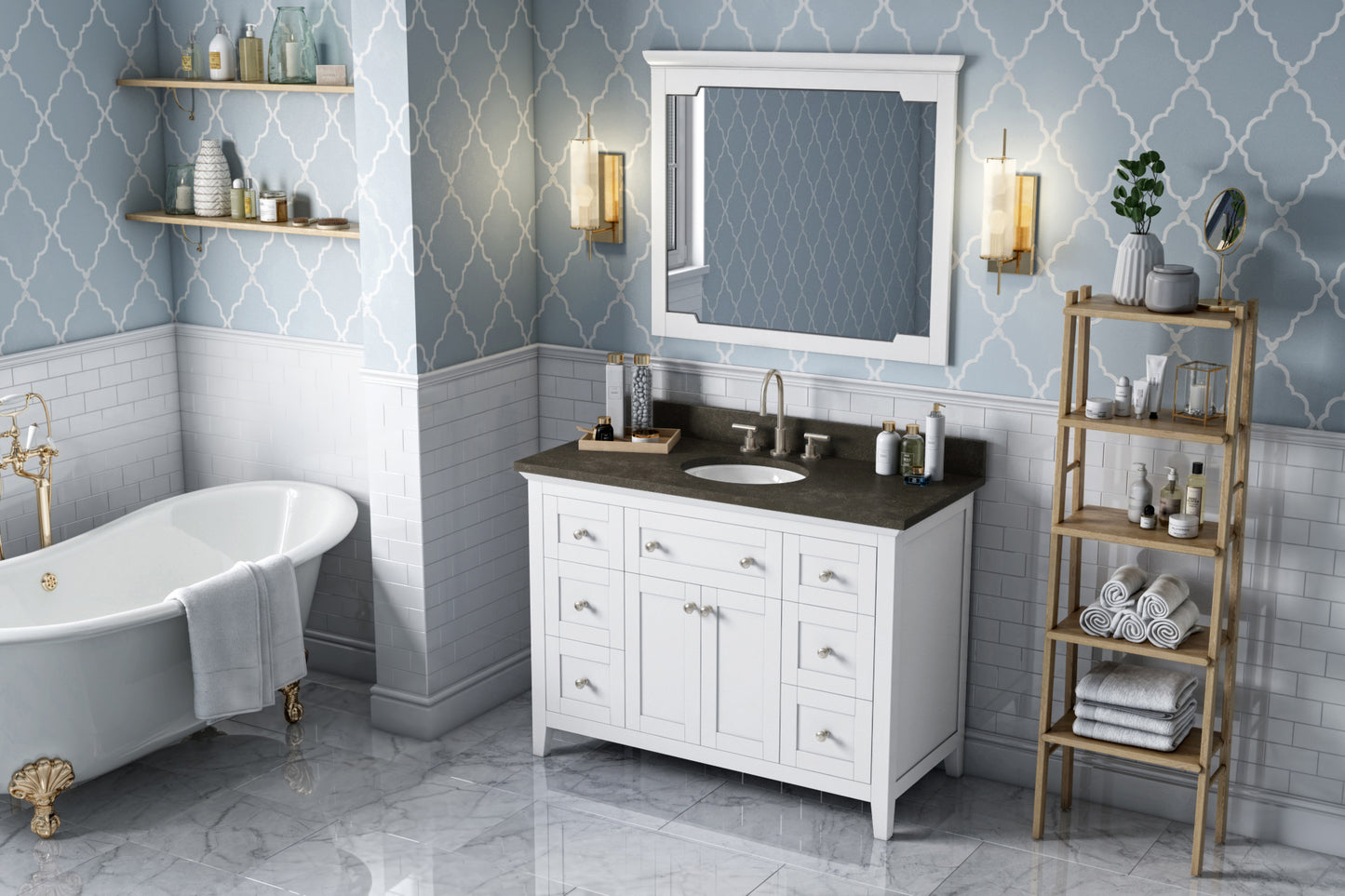 JEFFREY ALEXANDER VKITCHA48WHLSO 48" White Chatham Vanity, Blue Limestone Vanity Top, undermount oval bowl