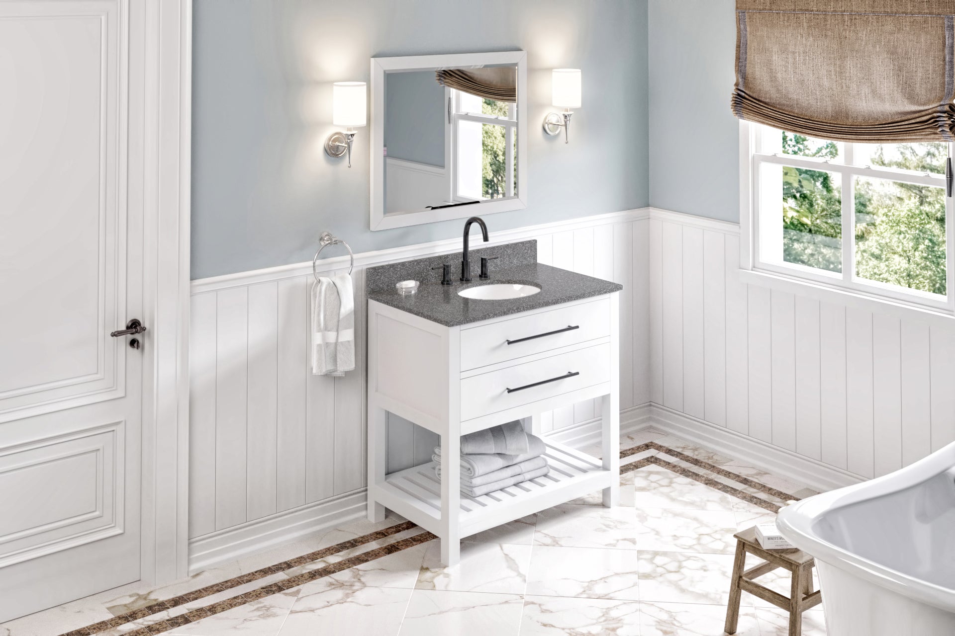 JEFFREY ALEXANDER VKITWAV36WHBOO 36" White Wavecrest Vanity, Boulder Cultured Marble Vanity Top, undermount oval bowl