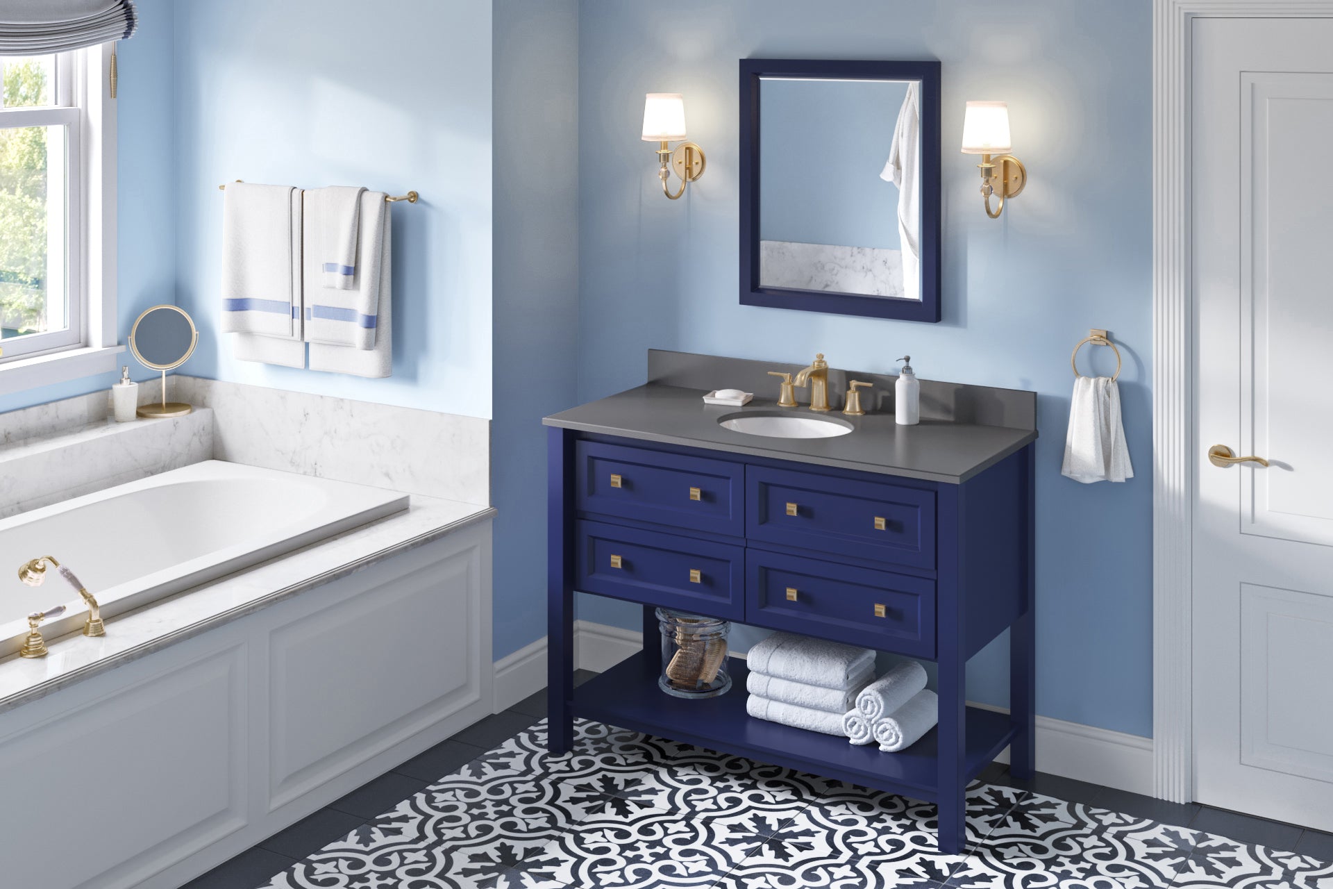 JEFFREY ALEXANDER VKITADL48BLGQO 48" Hale Blue Adler Vanity, Grey Quartz Vanity Top, undermount oval bowl