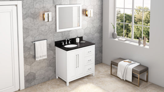 JEFFREY ALEXANDER VKITCAD36WHBGO 36" White Cade Vanity, left offset, Black Granite Vanity Top, undermount oval bowl