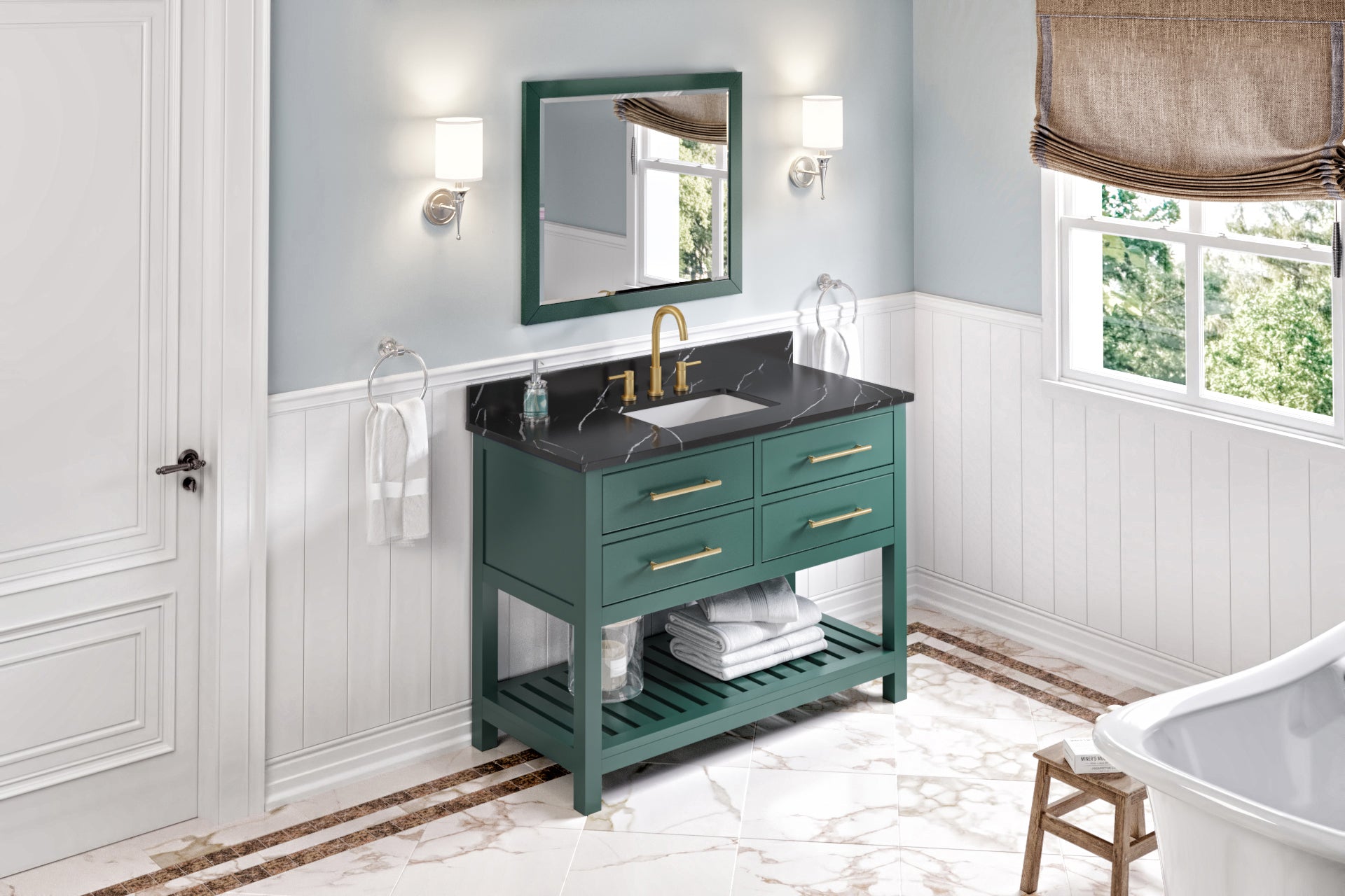 JEFFREY ALEXANDER VKITWAV48GNBQR 48" Forest Green Wavecrest Vanity, Calacatta Black Quartz Vanity Top, undermount rectangle bowl