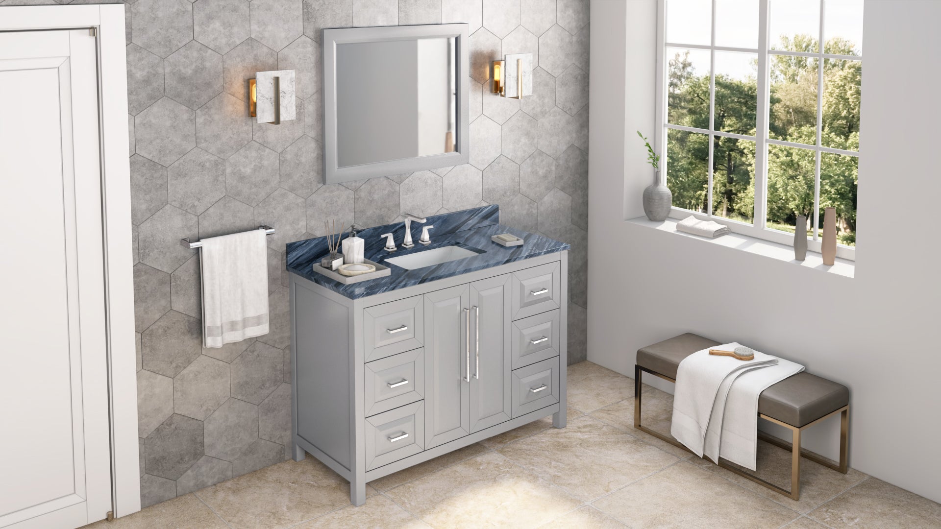 JEFFREY ALEXANDER VKITCAD48GRMGR 48" Grey Cade Vanity, Grey Marble Vanity Top, undermount rectangle bowl