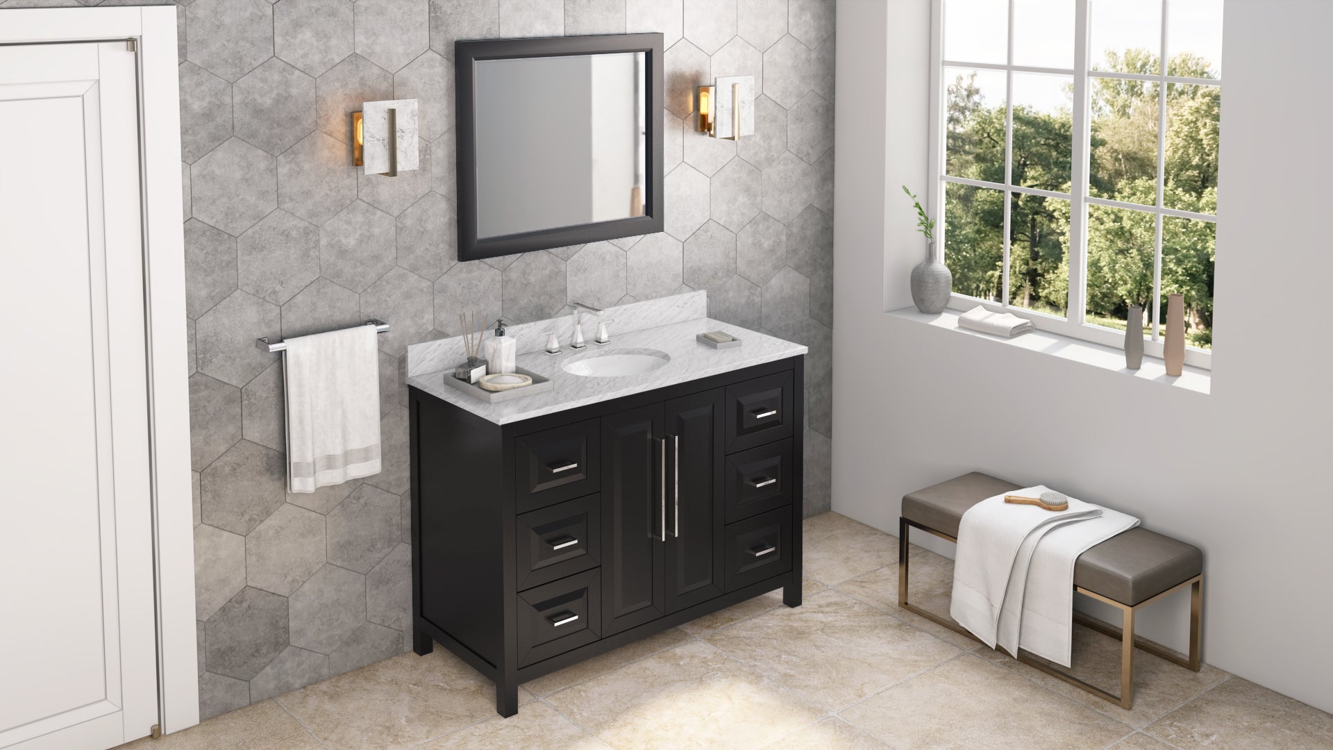 JEFFREY ALEXANDER VKITCAD48BKWCO 48" Black Cade Vanity, White Carrara Marble Vanity Top, undermount oval bowl