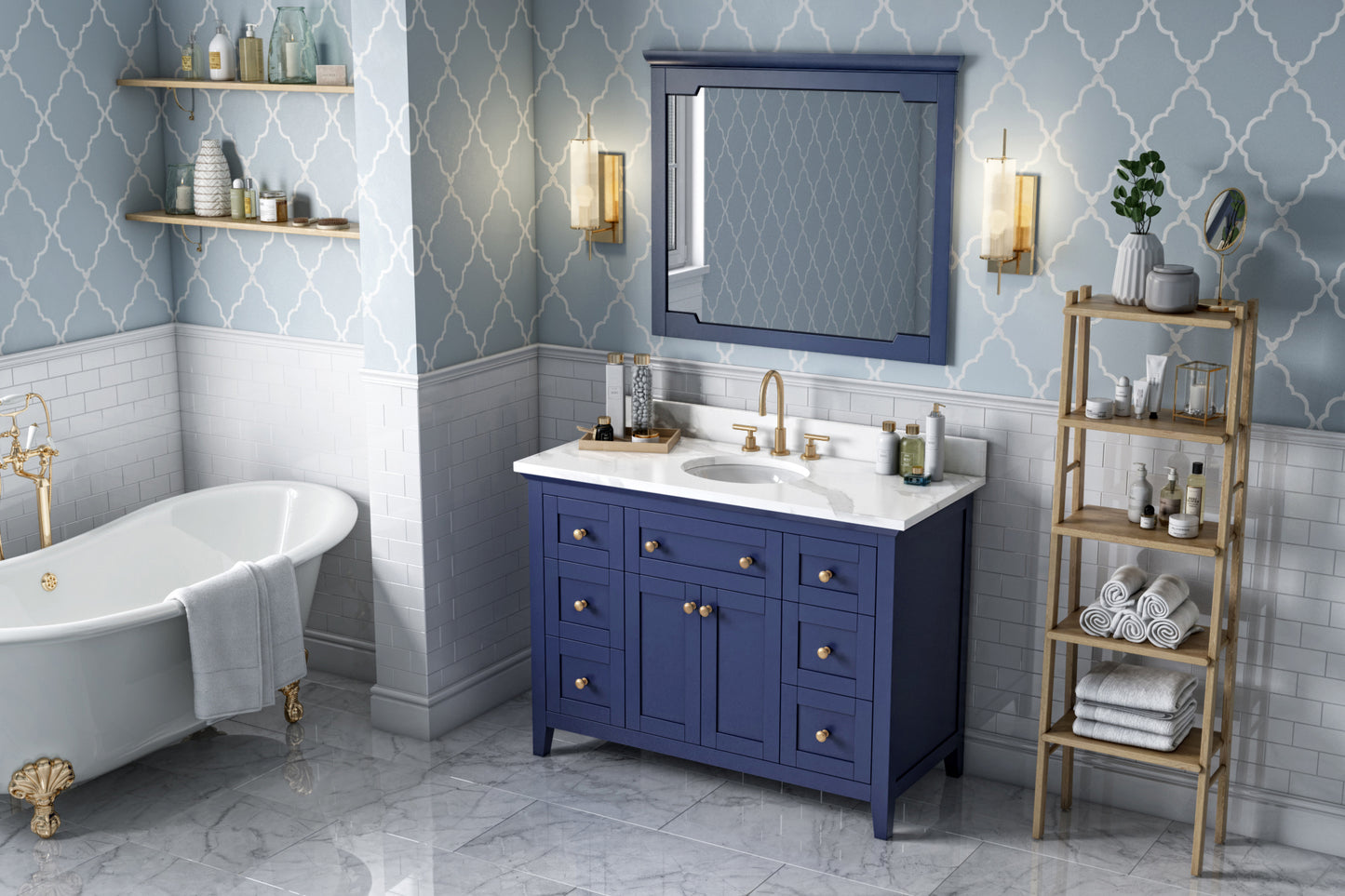 JEFFREY ALEXANDER VKITCHA48BLCQO 48" Hale Blue Chatham Vanity, Calacatta Vienna Quartz Vanity Top, undermount oval bowl