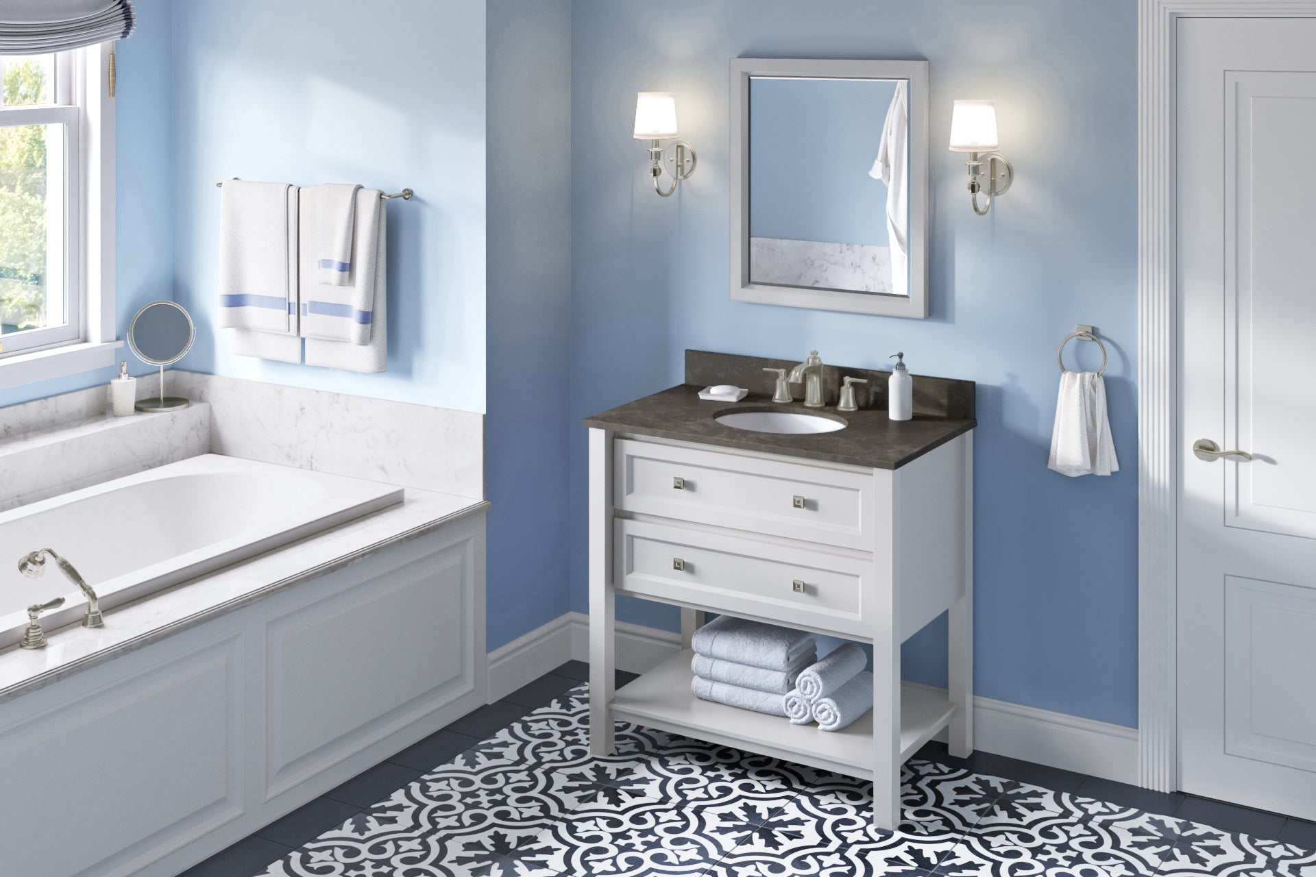 JEFFREY ALEXANDER VKITADL36WHLSO 36" White Adler Vanity, Blue Limestone Vanity Top, undermount oval bowl