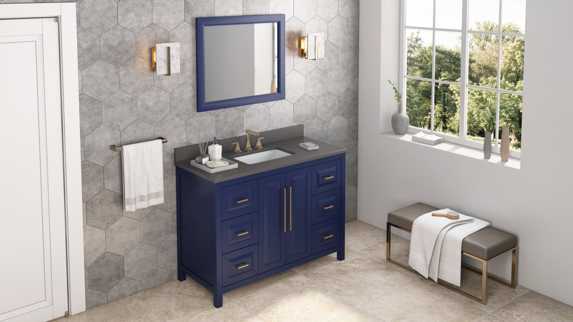 JEFFREY ALEXANDER VKITCAD48BLGQR 48" Hale Blue Cade Vanity, Grey Quartz Vanity Top, undermount rectangle bowl