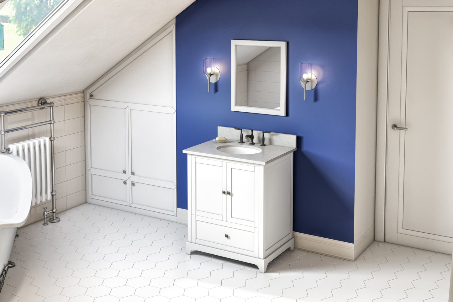 JEFFREY ALEXANDER VKITADD30WHASO 30" White Addington Vanity, Arctic Stone Cultured Marble Vanity Top, undermount oval bowl