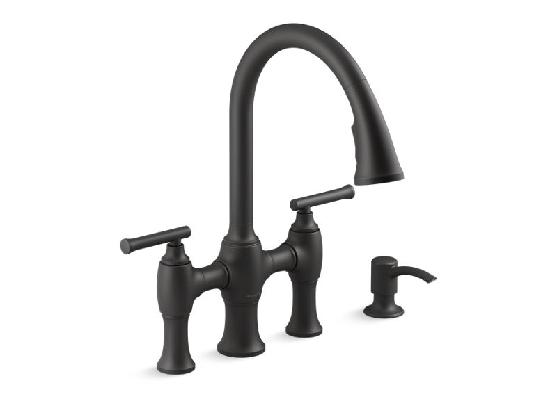 KOHLER K-R28705-SD-BL Matte Black Oresund Pull-down bridge kitchen sink faucet with soap/lotion dispenser