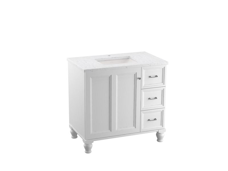 KOHLER K-CM99520-BD1-1WA Damask 36" Bathroom Vanity Cabinet With Sink And Quartz Top In Linen White