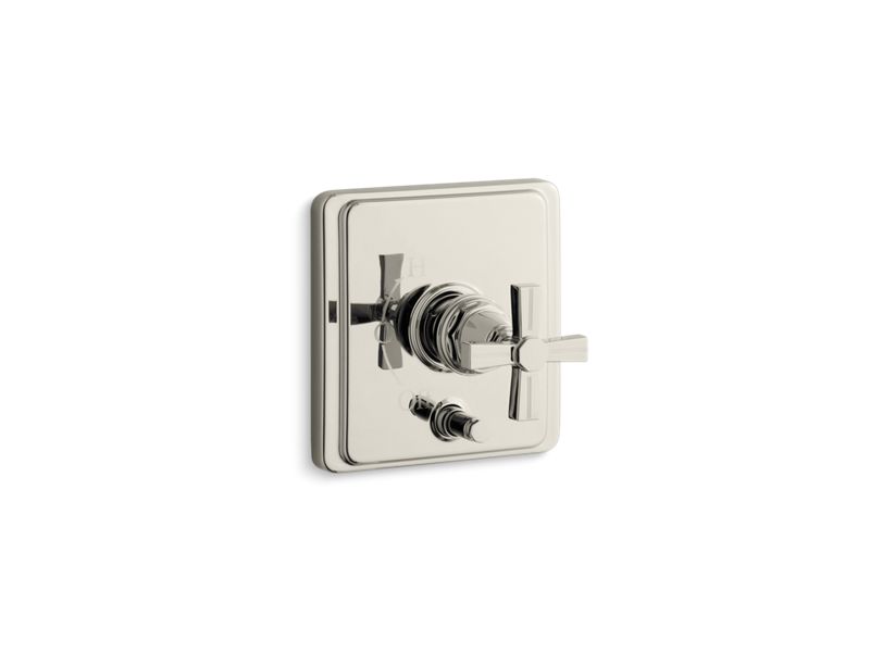 KOHLER K-T98757-3B-SN Pinstripe Rite-Temp(R) pressure-balancing valve trim with diverter and grooved cross handle, valve not included