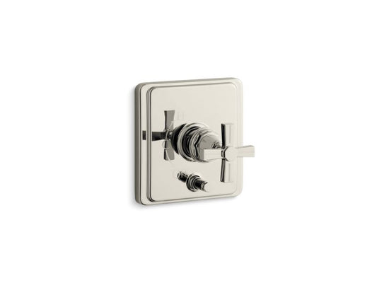 KOHLER K-T98757-3B-SN Pinstripe Rite-Temp(R) pressure-balancing valve trim with diverter and grooved cross handle, valve not included