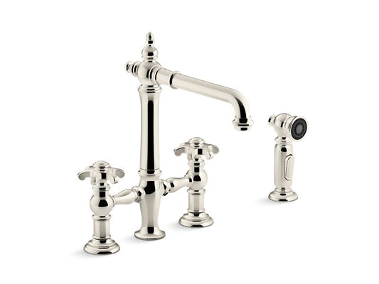 KOHLER K-76519-3M-SN Artifacts deck-mount bridge kitchen sink faucet with prong handles and sidespray