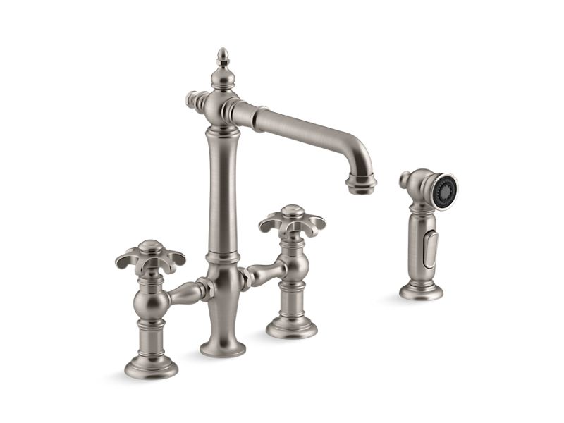 KOHLER K-76519-3M-VS Artifacts deck-mount bridge kitchen sink faucet with prong handles and sidespray