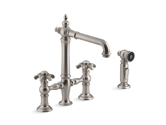 KOHLER K-76519-3M-VS Artifacts deck-mount bridge kitchen sink faucet with prong handles and sidespray