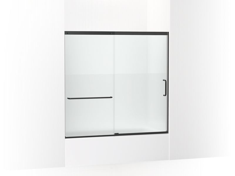 KOHLER K-707618-8G81-BL Matte Black Elate Sliding bath door, 56-3/4" H x 56-1/4 - 59-5/8" W with heavy 5/16" thick Crystal Clear glass with privacy band