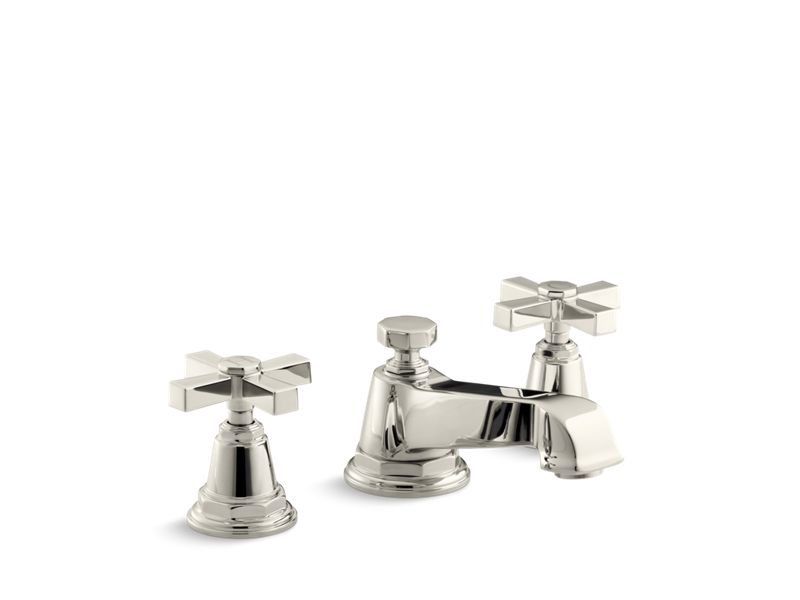 KOHLER K-13132-3A-SN Vibrant Polished Nickel Pinstripe Pure Widespread bathroom sink faucet with cross handles, 1.2 gpm