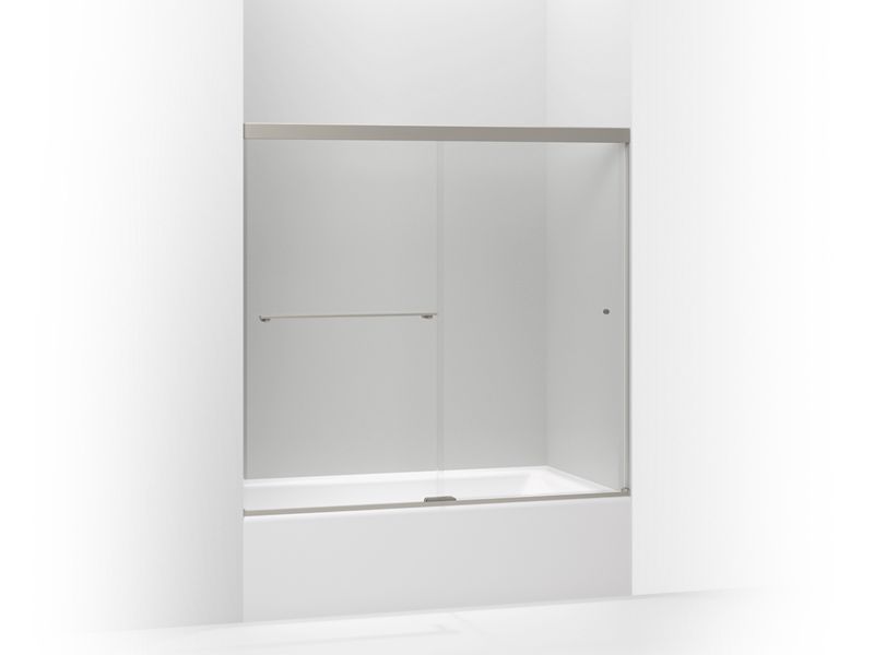 KOHLER K-707000-L-BNK Anodized Brushed Nickel Revel Sliding bath door, 55-1/2" H x 56-5/8 - 59-5/8" W, with 1/4" thick Crystal Clear glass