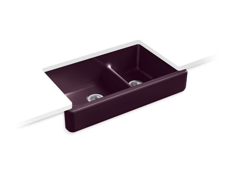 KOHLER K-6426-PLM Whitehaven 35-1/2" x 21-9/16" x 9-5/8" Smart Divide undermount double-bowl large/medium farmhouse kitchen sink with short apron