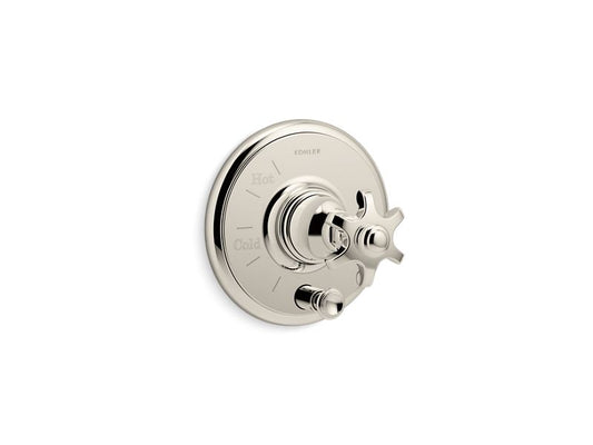 KOHLER K-T72768-3M-SN Vibrant Polished Nickel Artifacts Rite-Temp pressure-balancing valve trim with push-button diverter and prong handle