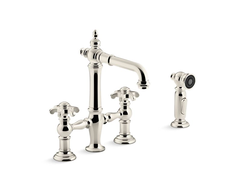 KOHLER K-76520-3M-SN Artifacts Deck-mount bridge bar sink faucet with prong handles and sidespray