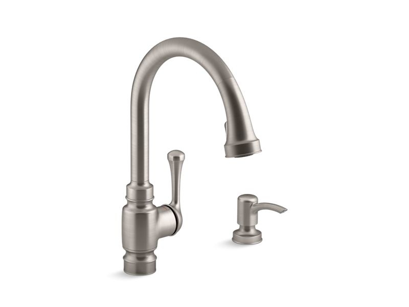 KOHLER K-R72512-SD-VS Carmichael 4-hole kitchen faucet with 15-1/2" pull-down spout and soap/lotion dispenser In Vibrant Stainless