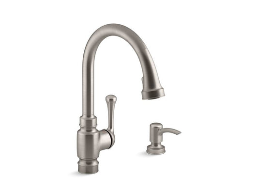 KOHLER K-R72512-SD-VS Carmichael 4-hole kitchen faucet with 15-1/2" pull-down spout and soap/lotion dispenser In Vibrant Stainless