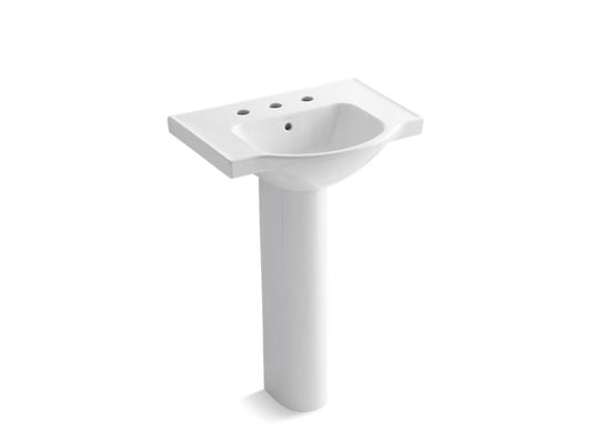 KOHLER K-5266-8-0 White Veer 24" pedestal bathroom sink with 8" widespread faucet holes
