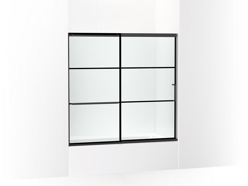 KOHLER K-707609-6G79-BL Matte Black Elate Sliding bath door, 56-3/4" H x 56-1/4 - 59-5/8" W, with 1/4" thick Crystal Clear glass with rectangular grille pattern