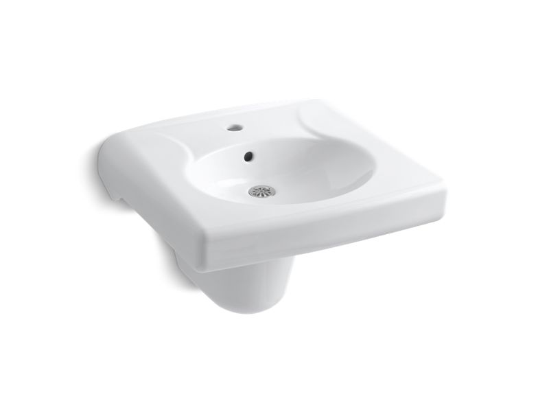 KOHLER K-1999-1-0 White Brenham Wall-mount or concealed carrier arm mount commercial bathroom sink and shroud with single faucet hole