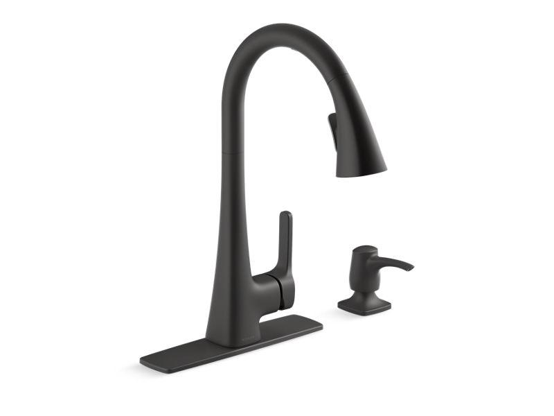 KOHLER K-R26281-SD-BL Matte Black Maxton Touchless pull-down kitchen faucet with soap/lotion dispenser