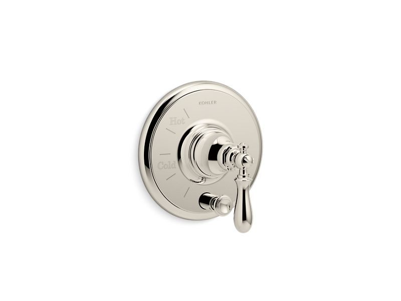 KOHLER K-T72768-9M-SN Vibrant Polished Nickel Artifacts Rite-Temp pressure-balancing valve trim with push-button diverter and swing lever handle