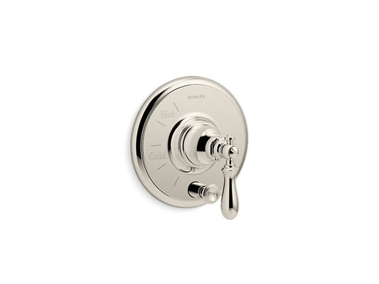 KOHLER K-T72768-9M-SN Vibrant Polished Nickel Artifacts Rite-Temp pressure-balancing valve trim with push-button diverter and swing lever handle