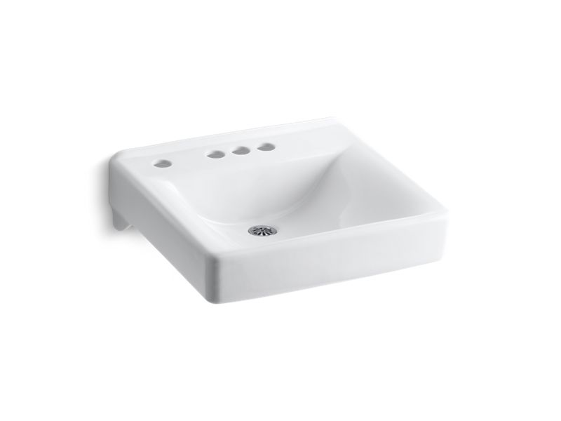 KOHLER K-2054-NL-0 White Soho 20" x 18" wall-mount/concealed arm carrier bathroom sink with 4" centerset faucet holes and left-hand soap dispenser hole