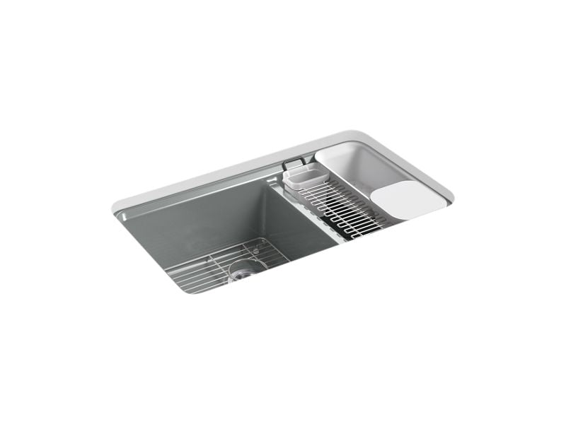 KOHLER K-8669-5UA3-FT Riverby 33" x 22" x 9-5/8" undermount large/medium double-bowl workstation kitchen sink with accessories and 5 oversized faucet holes