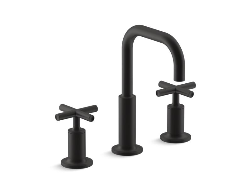 KOHLER K-14406-3-BL Matte Black Purist Widespread bathroom sink faucet with cross handles, 1.2 gpm