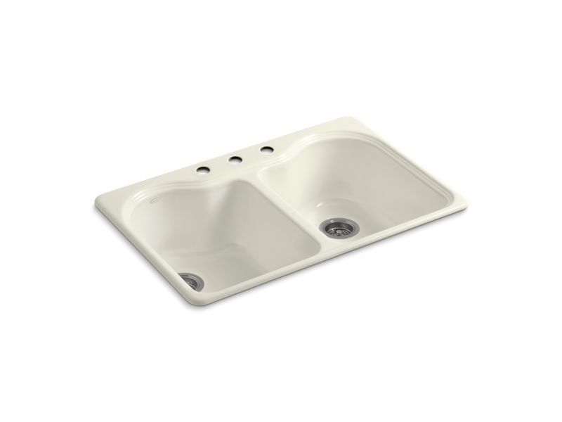 KOHLER K-5818-3-96 Hartland 33" x 22" x 9-5/8" top-mount double-equal kitchen sink with 3 faucet holes