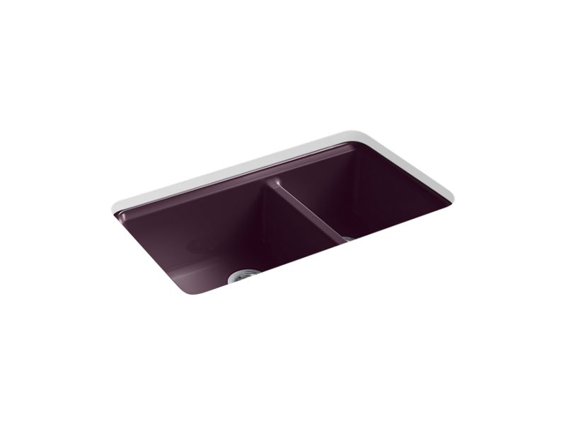 KOHLER K-8669-5UA3-PLM Riverby 33" x 22" x 9-5/8" undermount large/medium double-bowl workstation kitchen sink with accessories and 5 oversized faucet holes