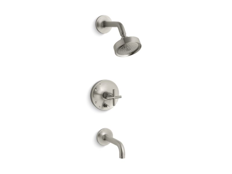 KOHLER K-T14421-3-BN Vibrant Brushed Nickel Purist Rite-Temp pressure-balancing bath and shower faucet trim with push-button diverter, 7-3/4" spout and cross handle, valve not included