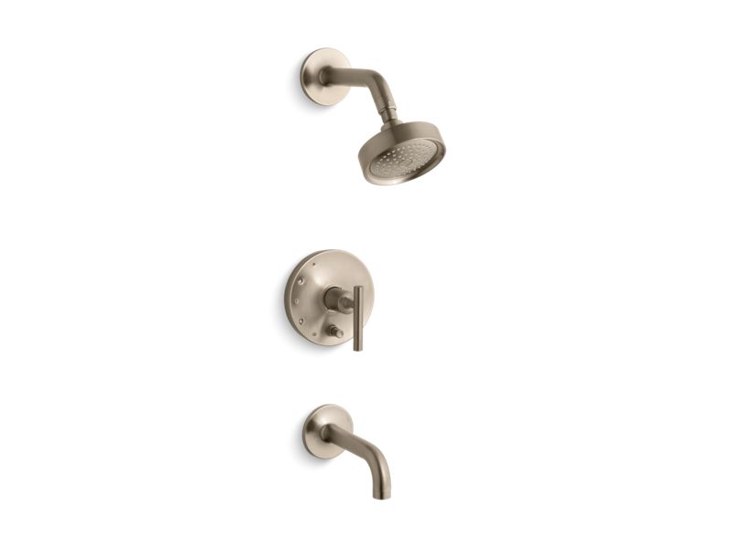 KOHLER K-T14421-4-BV Vibrant Brushed Bronze Purist Rite-Temp pressure-balancing bath and shower trim set with push-button diverter, 7-3/4" spout and lever handle, valve not included