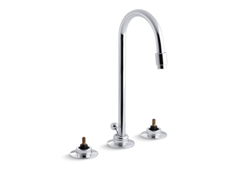 KOHLER K-7435-KN-CP Triton 0.5 gpm widespread commercial bathroom sink base faucet with gooseneck spout and pop-up drain, requires handles