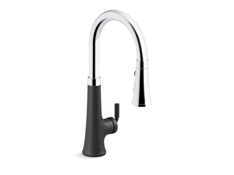KOHLER K-23766-CBL Polished Chrome with Matte Black Tone Touchless pull-down kitchen sink faucet with three-function sprayhead