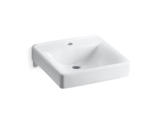 KOHLER K-2084-N-0 White Soho 20" x 18" wall-mount/concealed arm carrier bathroom sink with single faucet hole