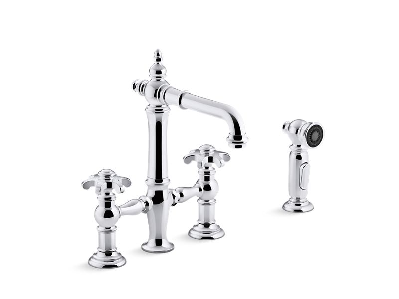 KOHLER K-76520-3M-CP Artifacts Deck-mount bridge bar sink faucet with prong handles and sidespray